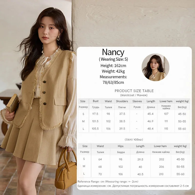 MISHOW Khaki Rough Selvedge Vest Coat Pleated Skirt Two-piece Set 2025 Autumn Women Linen Blend Retro Set Office Lady MXE41T0690