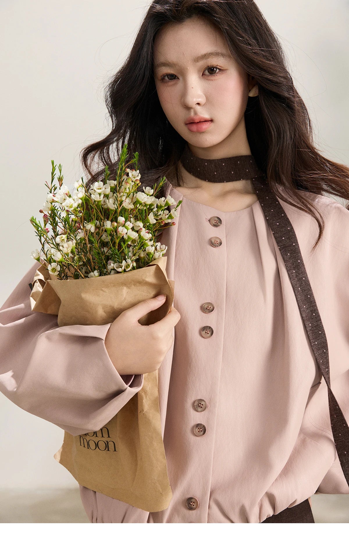 MISHOW Women's Pink Flower Bud Leather Jacket Spring 2026 Crew Neck Single-breasted Coats Casual Loose Cropped Coat MXF108W1001