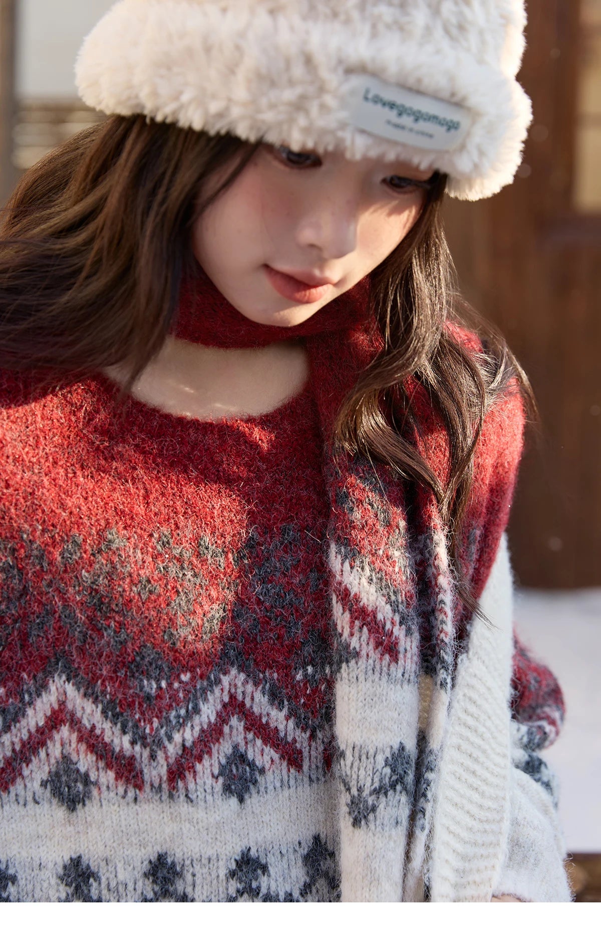 MISHOW Christmas Jacquard Retro Sweater Winter Geometric Red Scarf Fair Isle Sweater Wool Blend Thickened Knitted Top MXE51Z2628