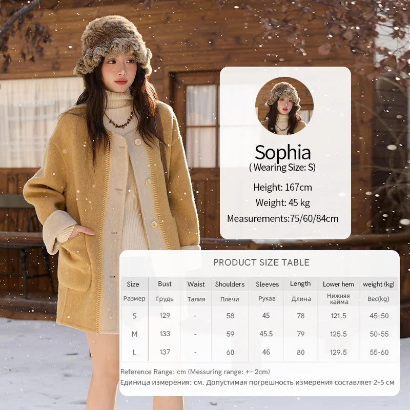 MISHOW Yellow Double-faced Wool Coat for Women 2025 Winter New Retro Contrast Color Slim Crew Neck Pockets Wool Coat MXE51W0915