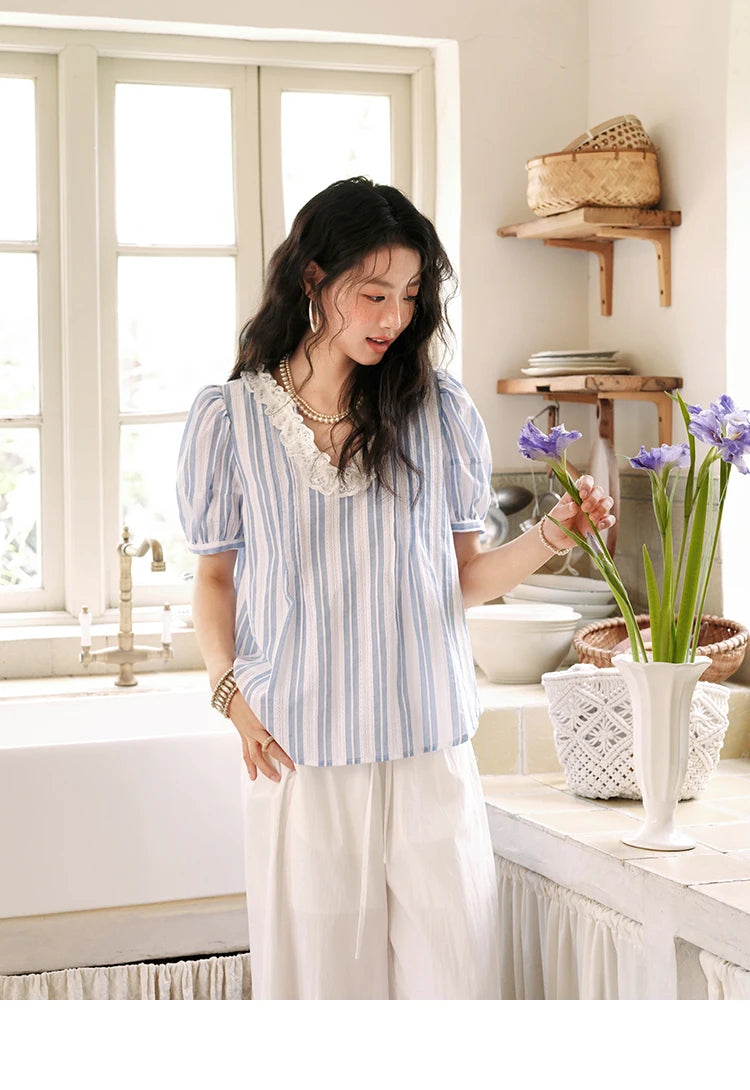 MISHOW 2025 Summer New 100% Cotton Striped Blouse Women Fashion Lantern Sleeve Lace V-neck Casual Top Ladies Clothing MXE36X1845