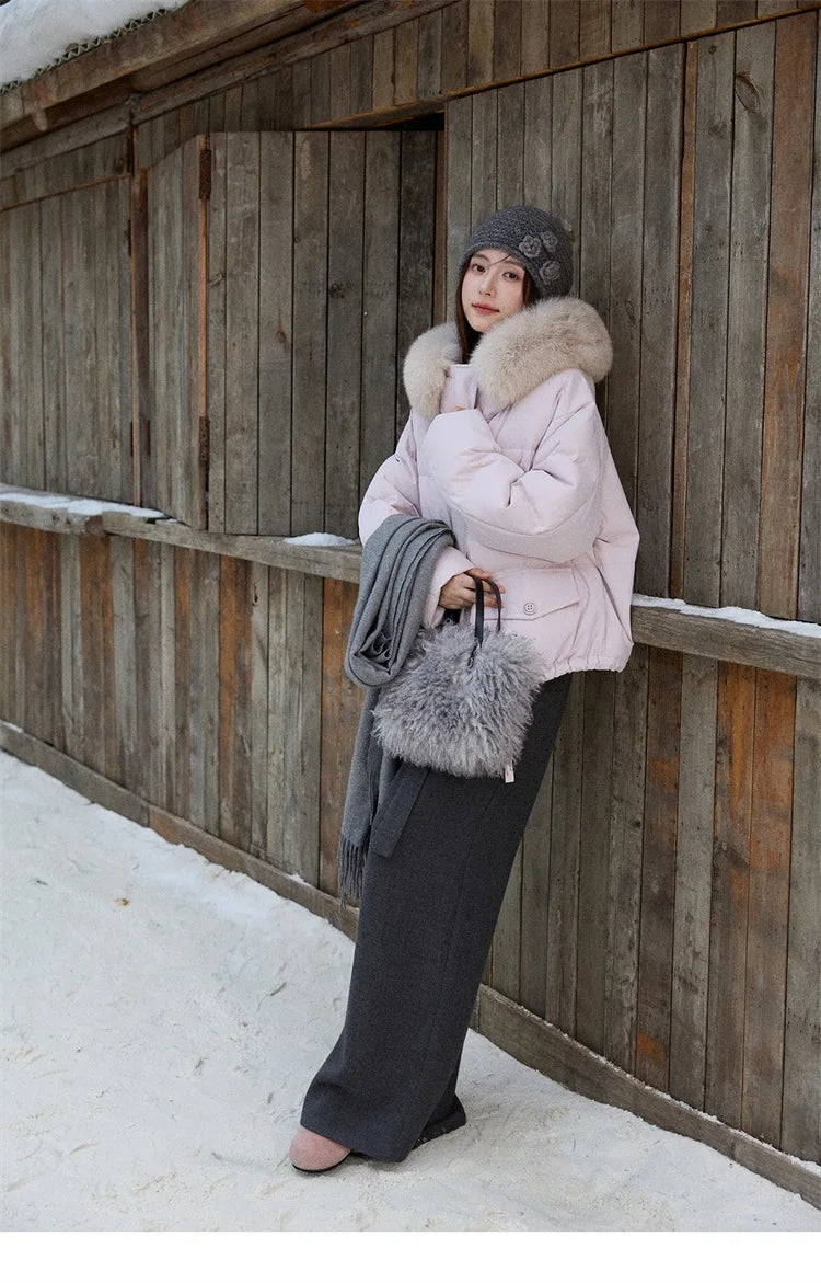 MISHOW Short Lightweight Puffer for Women 2025 Fashion Loose Long-sleeved Down Jacket Detachable Fur Collar Warm Coat MXE87Y0084