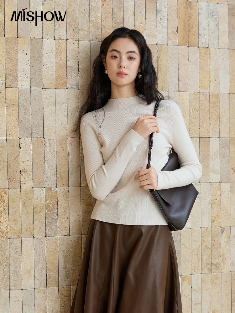 MISHOW Woman Long-sleeved Tops 2025 Autumn Winter Minimalist Mock Neck Knited Top Commute Casual Slim Pullover Woman MXE48Z2583