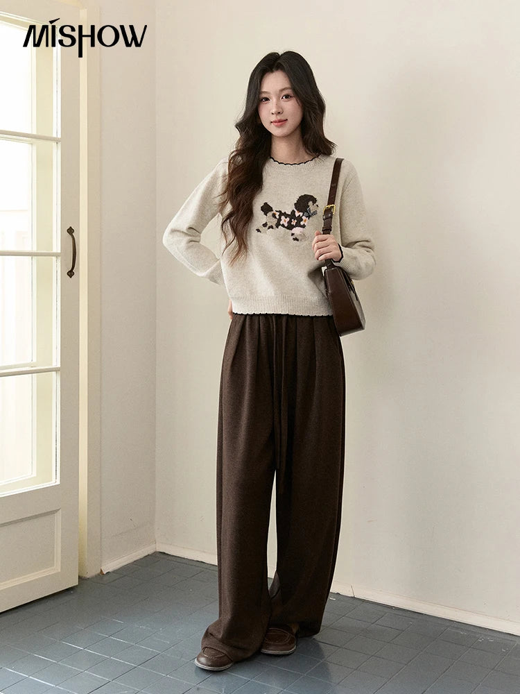 MISHOW Women's Burgundy Knitted Sweater 2025 Winter Poodle Pattern Ruffled Trim Crew Neck Sweater Warm Pullover Tops MXE93Z2949