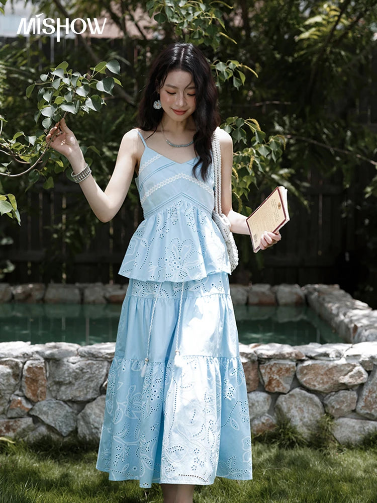 MISHOW Woman 2 Pieces Set 2025 Summer Ladies Fashion Strap V-neck Top Embroidery Flower Hollow Out Drawstring Skirt MXE34T0624