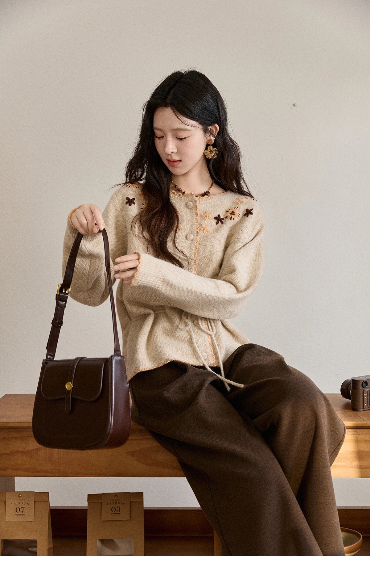 MISHOW Women's Apricot Hand-Embroidered Cardigan 2025 Winter Wool Blend Sweater Waist Tie Crochet Thick Warm Knitwear MXE87Z2702