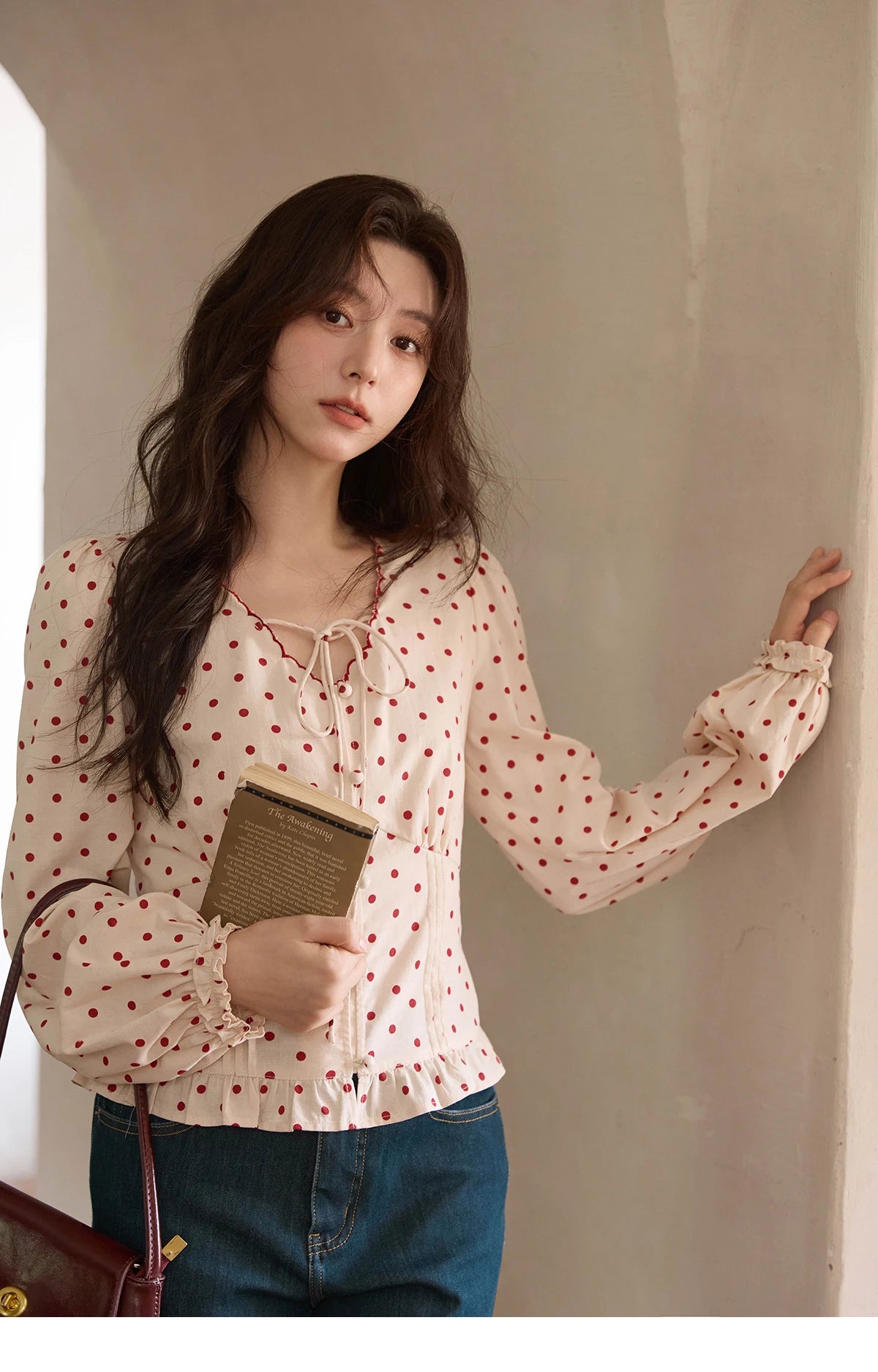 MISHOW Apricot Bottom Red Polka Dot Shirt for Women Autumn 2025 Korean Ruffled Edges Shirts V-neck Lace-up Sweet Top MXE42X1971