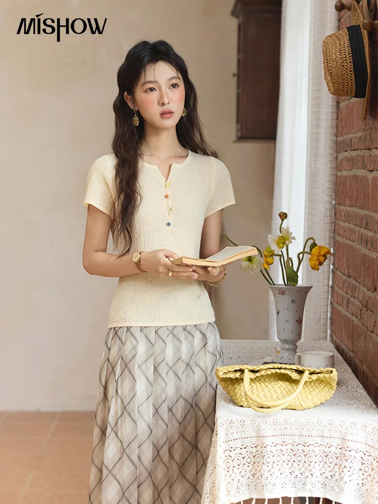 MISHOW Apricot Green Retro Plaid Skirt for Women Summer 2025 Pleated Chiffon High Waist Elegant Slim A-line Skirts MXE35B0747