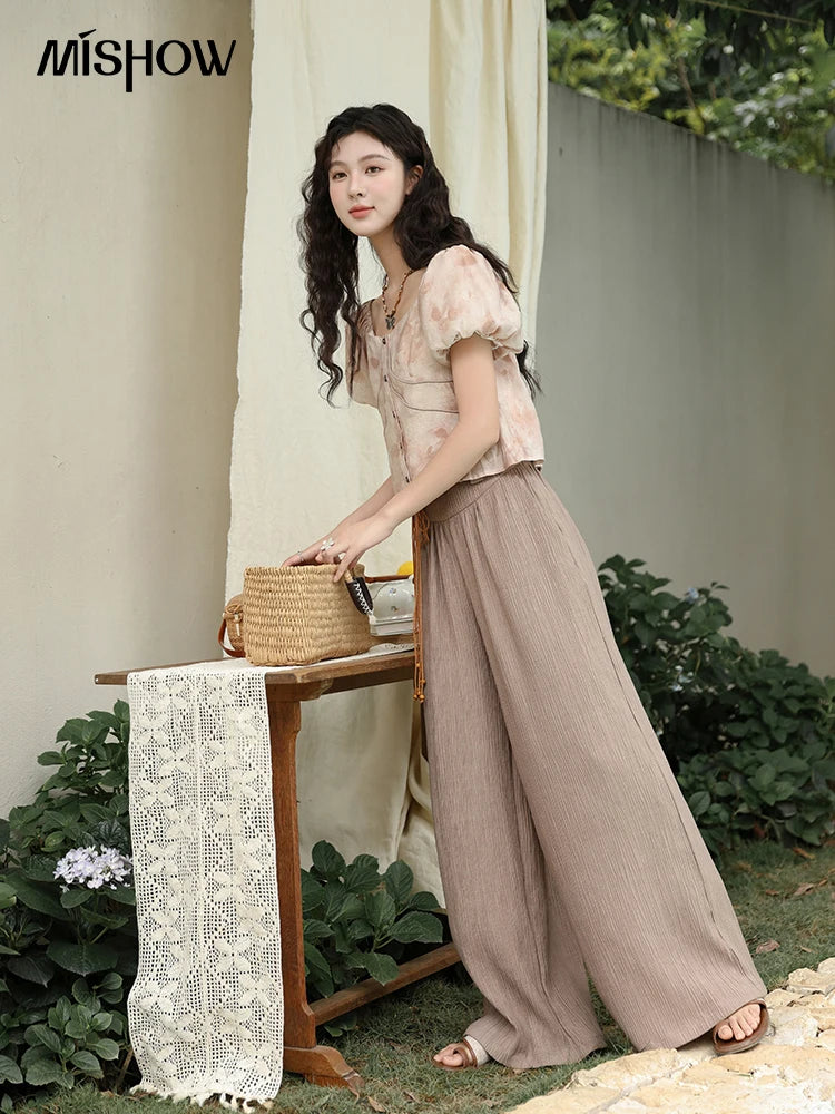 MISHOW Women's Contrast Halo Printing Blouses 2024 Summer French Retro Square Tops Female Puff Sleeve Button Blouse MXD30X1562