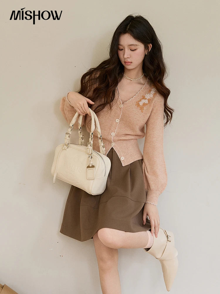 MISHOW Women's Floral Embroidery Knitted Cardigan 2026 Spring V-Neck Casual Short Tops Elegant Slim Knitted Sweater MXF11Z2917