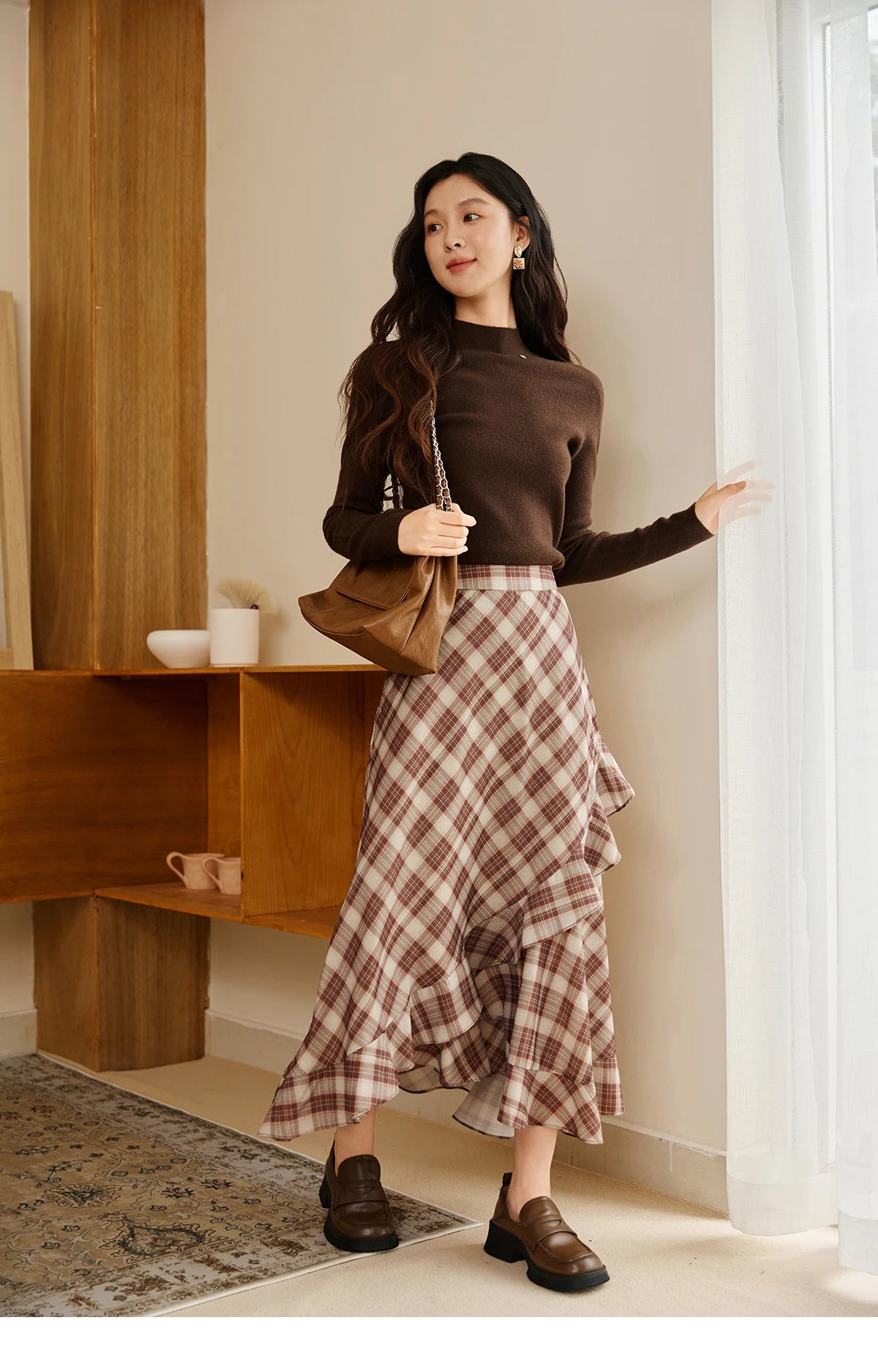 MISHOW Retro Plaid Skirt for Women Autumn 2025 Irregular Ruffle Edge Mid Length Skirt Women Back Elastic Waist Skirts MXE43B2396
