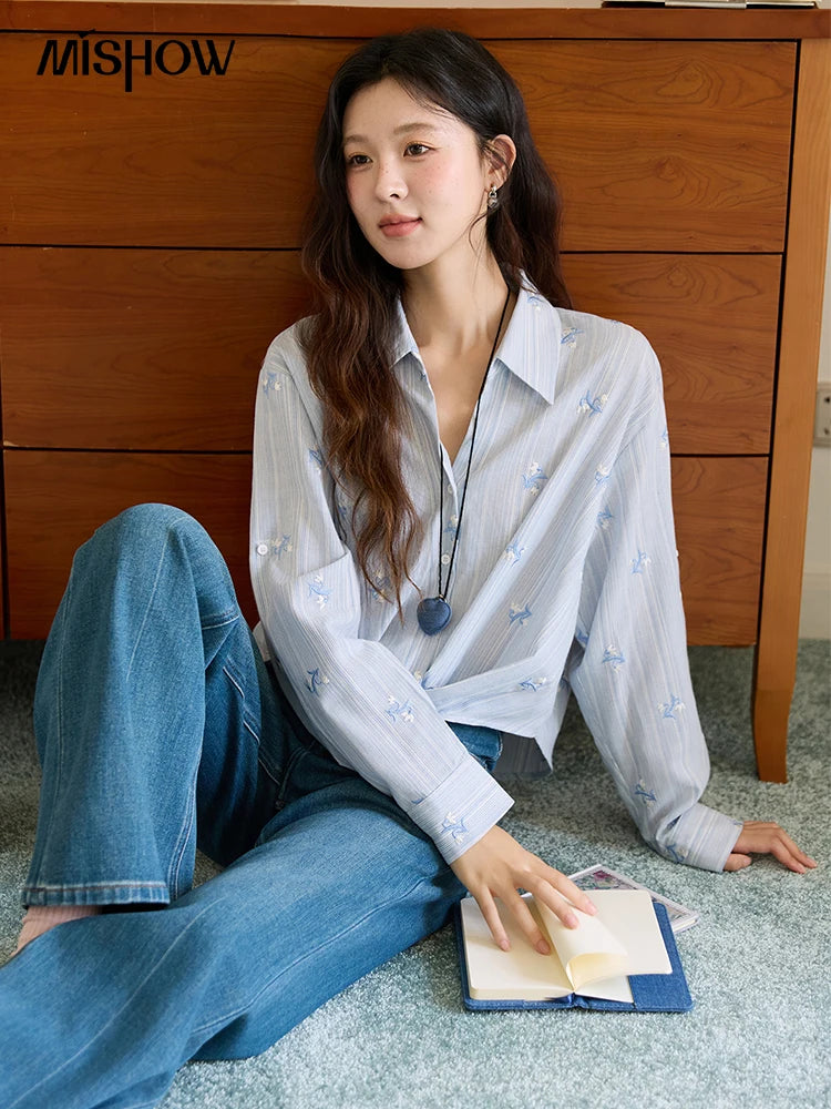 MISHOW Long Sleeve Shirts for Woman 2025 Autumn Retro Blue Single-breasted Blouse Floral Embroidery Casual Tops MXE45X2495