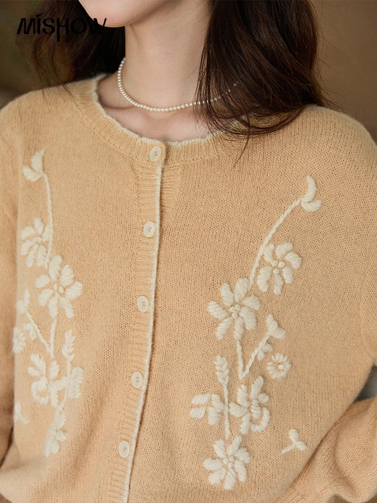 MISHOW Women's Camel Knitted Cardigan 2026 Spring Floral Embroidery Crew Neck Tops Button Warm Loose Cropped Sweater MXF11Z2896
