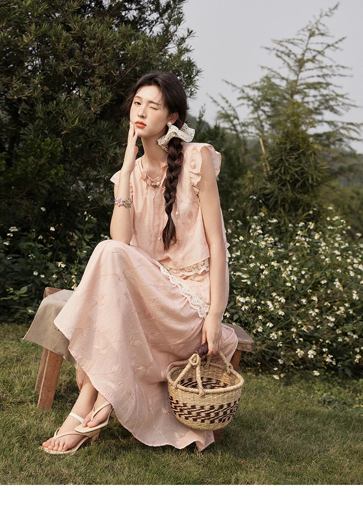 MISHOW Sweet Summer Skirt Sets Women New 2025 Short Flying Sleeve Round Neck Tops Hollow Embroidery A-line Skirt Lady MXE33T0545