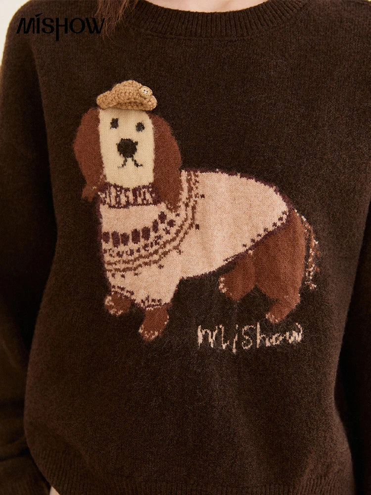 MISHOW Women's French Crew Neck Pullover Sweaters 2025 Winter Loose Dog Jacquard Knitted Top (Scarf Not Included) MXE94Z2890