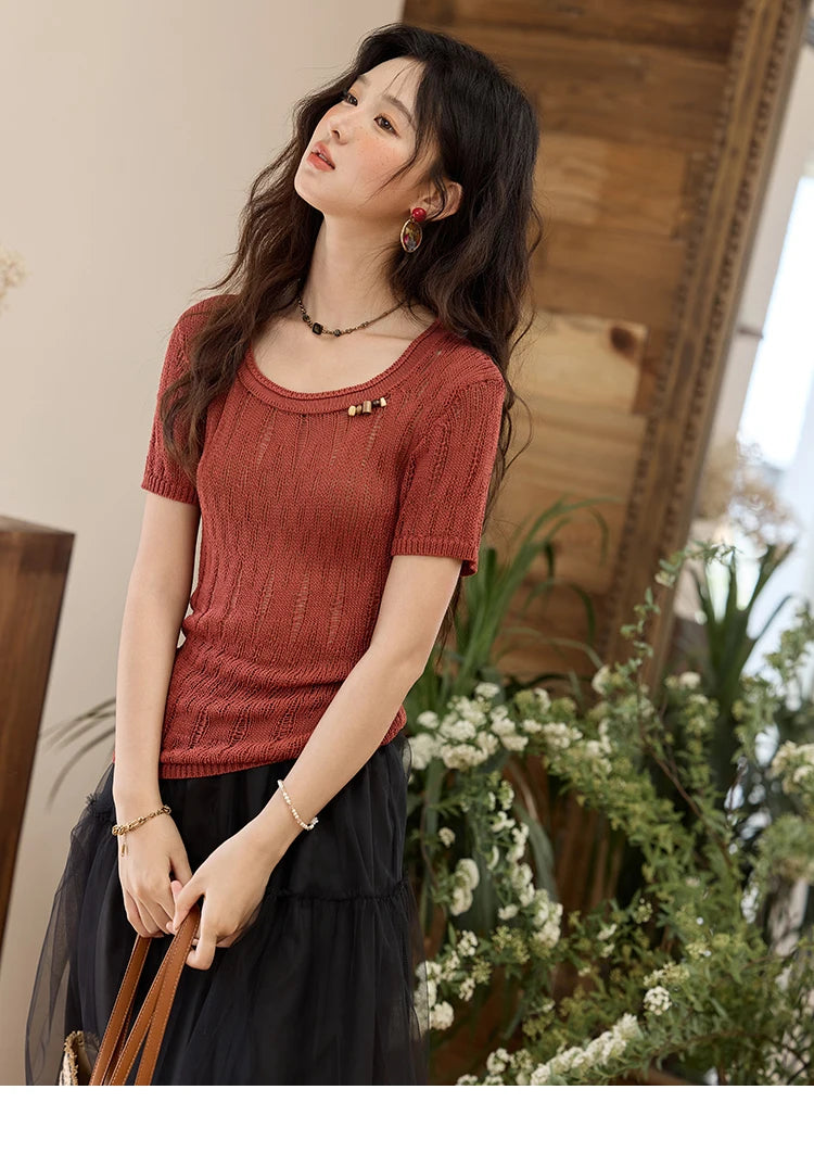 MISHOW Retro Red Hollow Thin Knitted Sweater Shirt for Women 2025 Summer Beads Short Sleeves Knitted Breathable Top MXE35Z1271