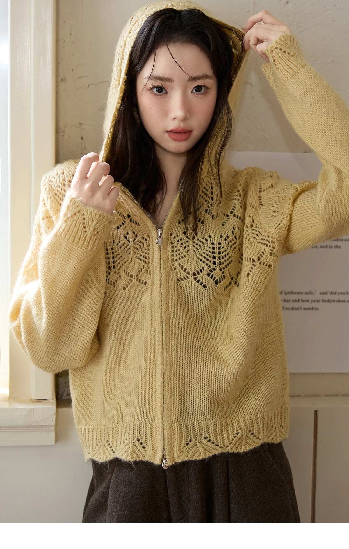 MISHOW Yellow Hollow Out Cardigan Women 2025 Autumn Winter New Hooded Zipper Sweater Loose Casual Bottoming Tops MXE46Z2584