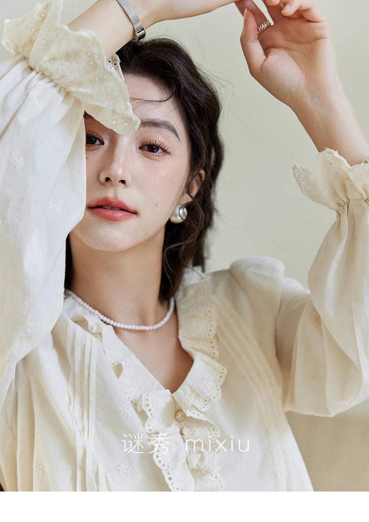 MISHOW Spring New French Shirts for Woman 2025 Long Sleeve V-neck Solid Loose Blouses Women Fashion Versatile Tops MXE14X1732