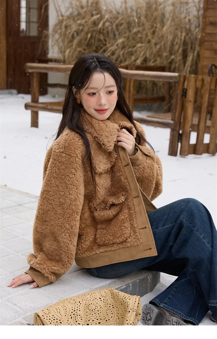 MISHOW Faux Lambskin Coat Women 2025 Winter Retro Turn-down Collar Brown Coat Office Lady Loose Warm Casual Jackets MXE89W0896