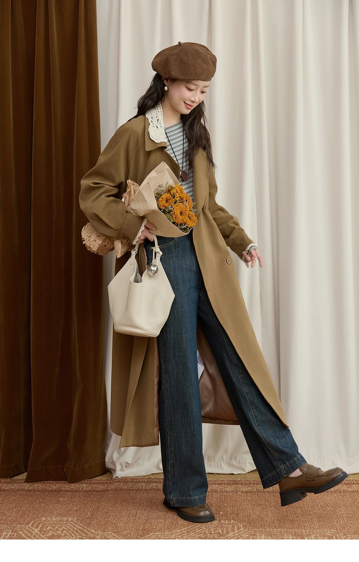 MISHOW Trench Coat Women 2025 Autumn Fashion Light Khaki Lace Long Windbreaker Jacket Long-sleeved Coat with Belt MXE45W0830