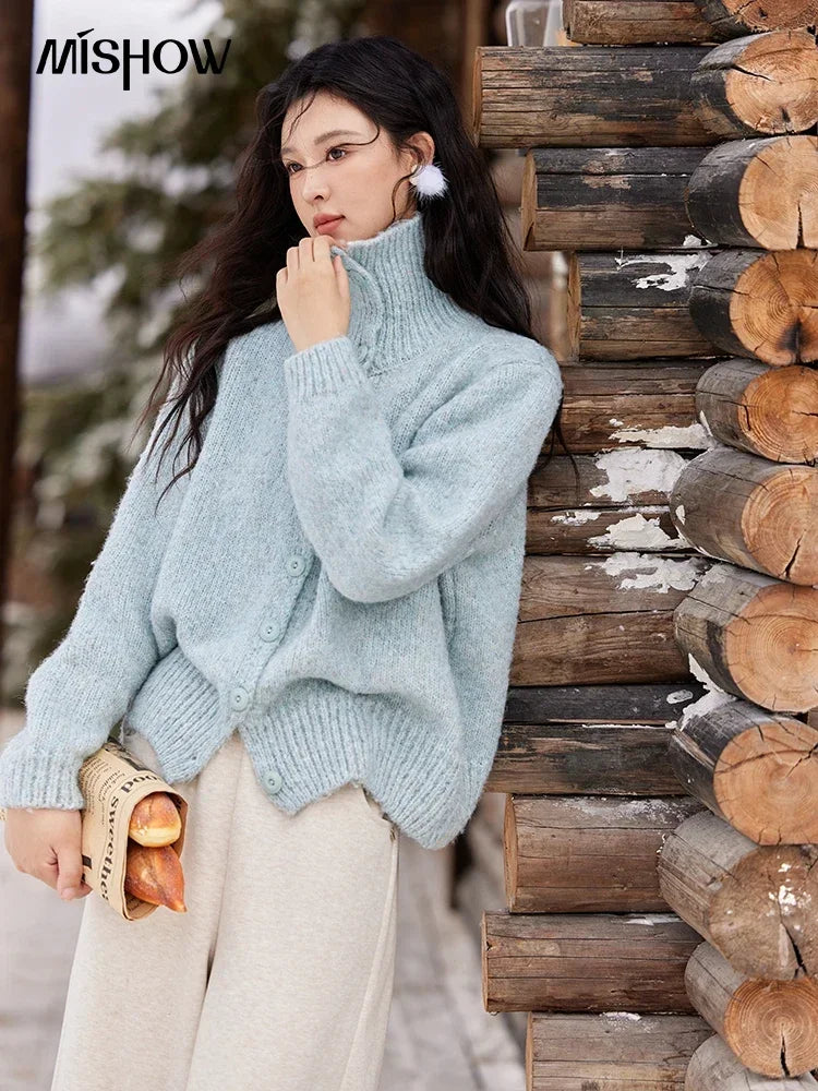 MISHOW Turn Down Collar Wool Blend Sweater Women Solid Single-breasted Tops Thickened Warm Versatile Knitted Cardigan MXD59Z1136