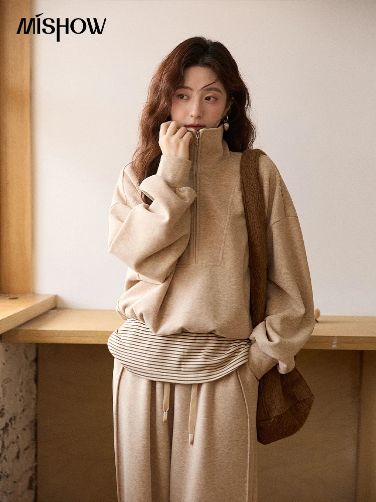 MISHOW Woman Pants Set 2025 Winter Casual Retro Sweatshirt Set Striped Lapel Half-Zip Sweatshirt Wide Leg Pants MXE87T1425