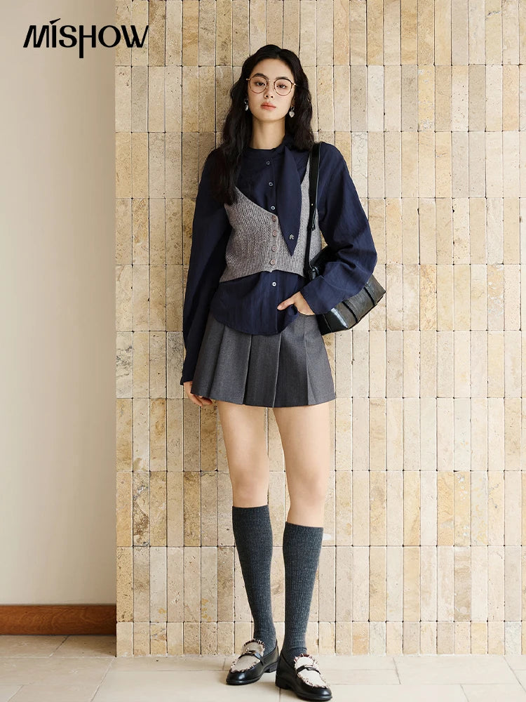 MISHOW Woman Shirt Set 2025 Autumn Fashion New Navy Blue Ribbon Design Layered Shirt Knit Camisole Two-piece Suit MXE47T1412