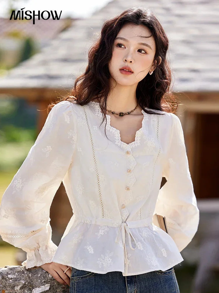 MISHOW Embroidered Blouse Women 2025 Spring New French Elegant Apricot Lace Premium Drawstring Design V Neck Tops MXE11X1708