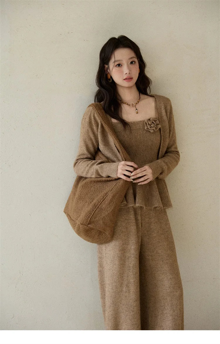 MISHOW Khaki Knitted Three-Piece Winter Set for Woman RetroThree-Dimensional Floral Camisole Cardigan Wide-Leg Pants MXE87T1449