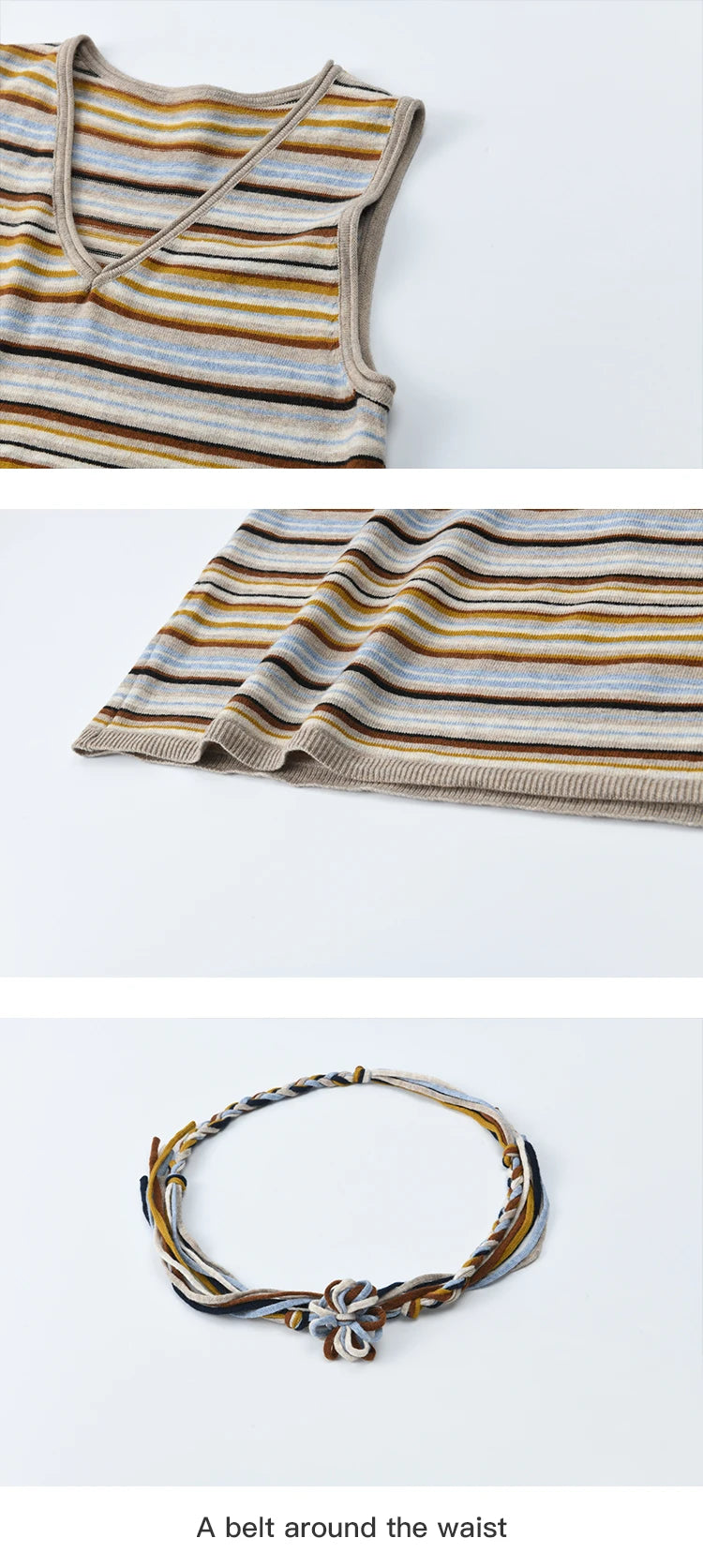 MISHOW Women's Striped V-neck Dress Autumn 2025 Loose Sleeveless Core Spun Yarn Dresses Tied Waist Casual Long Dress MXE46L2521