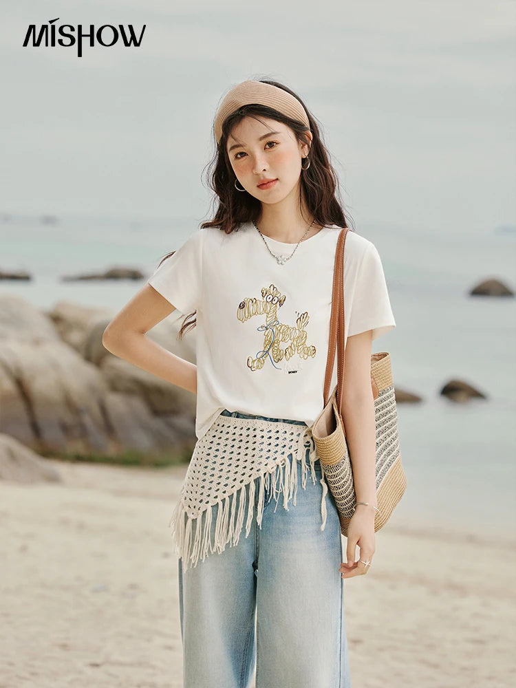 MISHOW Print Women‘s Summer T-shirts 2025 Short Sleeve Round Neck Loose Design Shirt Female Slim Embroidery Tops Lady MXE31T0550