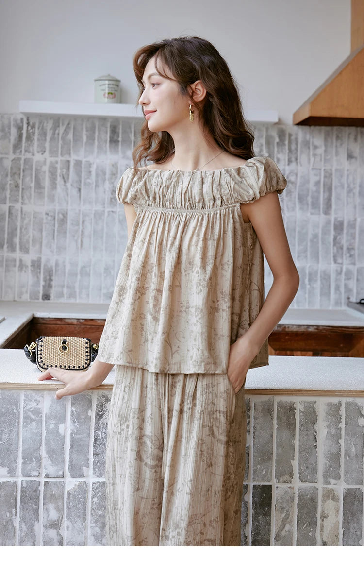 MISHOW Ink Printing Slash Neck Top Wide Leg Trouser Separately Summer Elastic Waist Pants Folds Chiffon Office Lady MXC39X1298