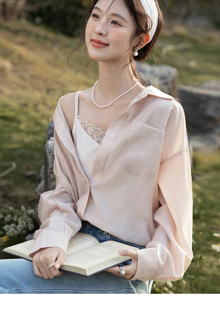 MISHOW Casual Spring Shirt Women New 2025 Long Sleeve Turn-down Collar Fake Two-piece Blouses Lady Fashion Loose Tops MXE16C0777