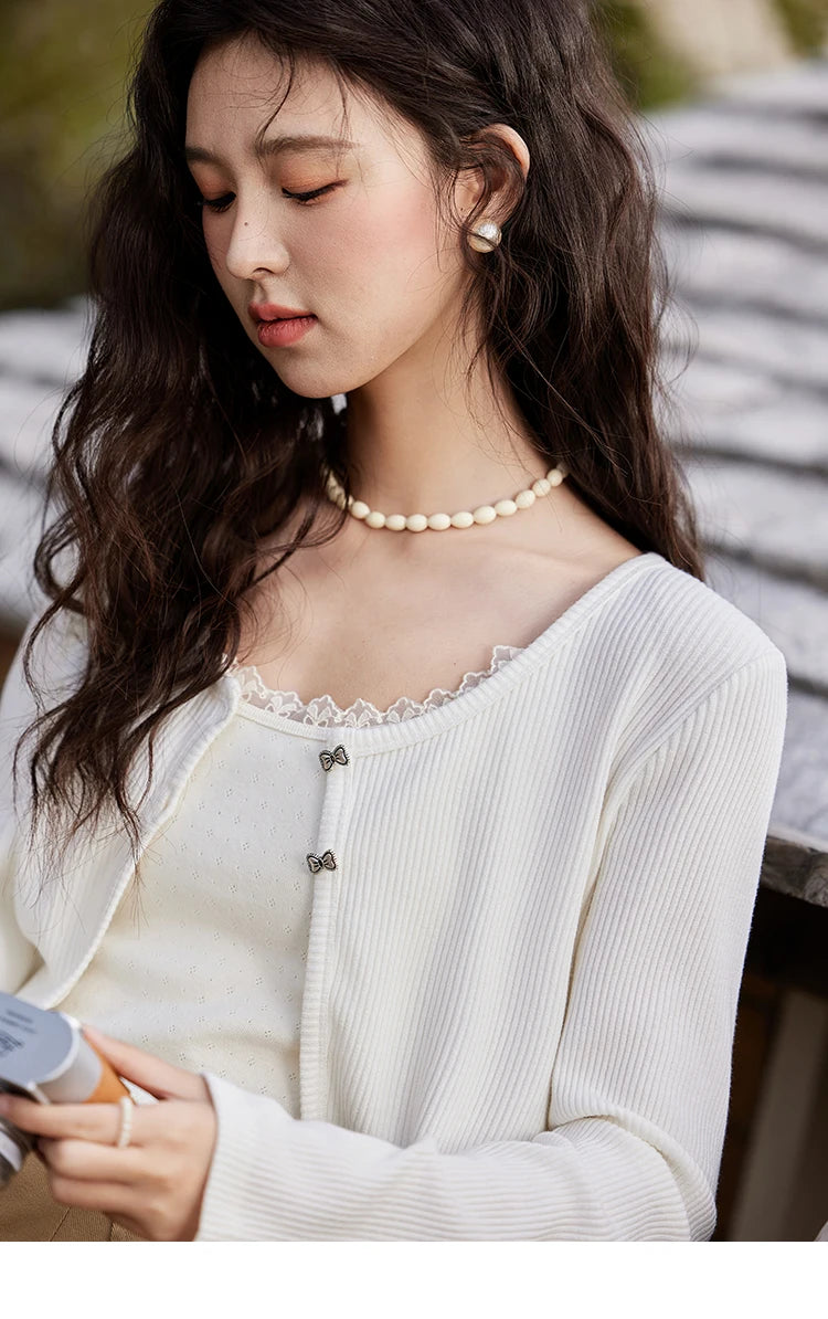 MISHOW Women's Butterfly Button Knitted Cardigan Spring 2025 Slim Fit Versatile Sweater Round Neck Sweet Solid Tops MXE11Z1104