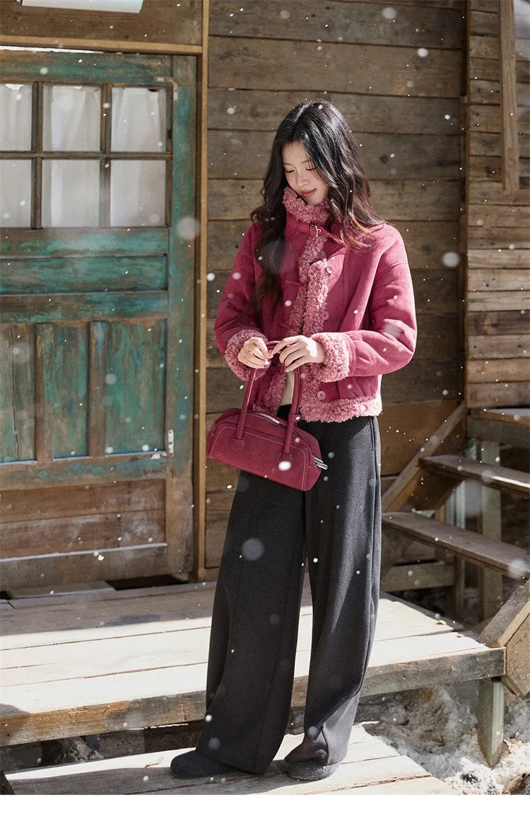 MISHOW Women's Dragon Fruit Red Suede Patchwork Coat 2025 Winter Color Block Stand Collar Thickened Short Outerwear MXE87W0942