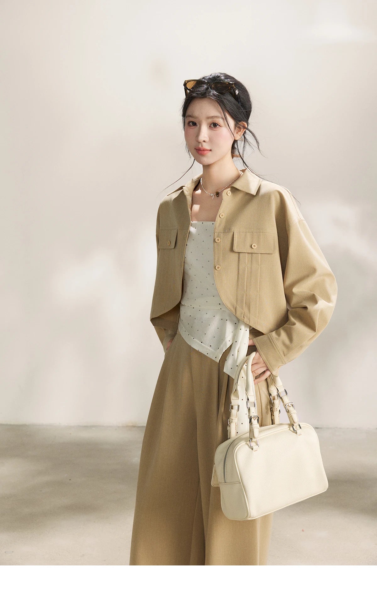 MISHOW Women's Khaki Three-Piece Set Spring Cropped Lapel Short Jacket Irregular Polka Dot Vest Wide Leg Pants Set MXF13T1478