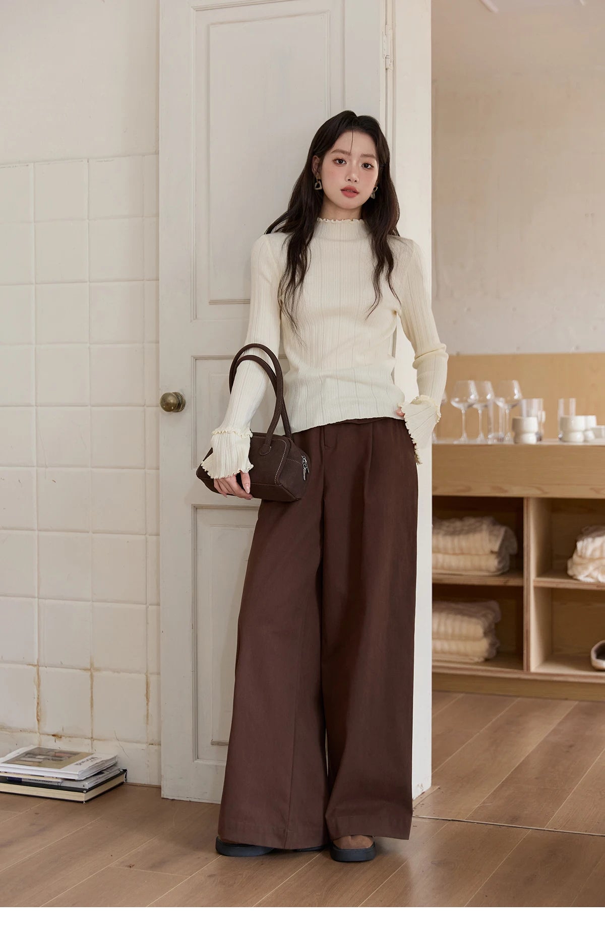 MISHOW Women's Long Sleeve Top 2025 Autumn New Casual Solid Turtleneck Slim Knit Wood Ear Edge Trumpet Sleeve Top MXE51Z2552