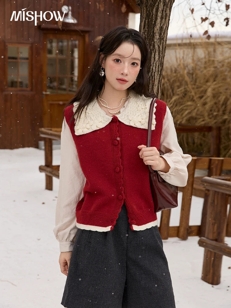 MISHOW Black Vest Women 2025 Autumn Winter New Peter Pan Collar Single-breasted Knitted Vest Versatile Sleeveless Top MXE45Z2484