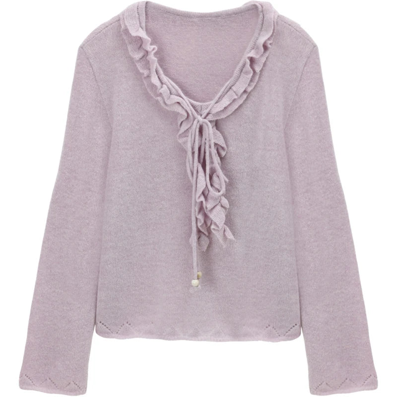 MISHOW Women Long Sleeve Tees 2025 Autumn New V-neck Wood Ear Hollow Out Knitted Sweater Women's Beige Wool Top MXE51Z2595