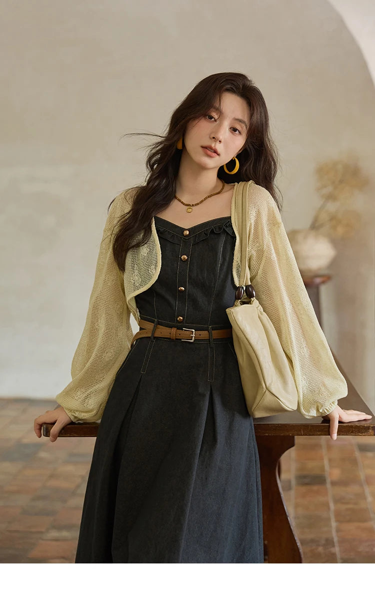 MISHOW Women's Two-Piece Set 2025 Lantern Sleeves Knitted Cardigan Imitation Denim Strap Dress Set With Belt Included MXE41T0704