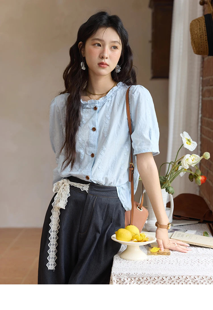 MISHOW 100% Cotton Women's Puff Sleeve Shirt 2025 Summer New Fashion Round Neck Button Top Casual Female Clothing MXE36X1873