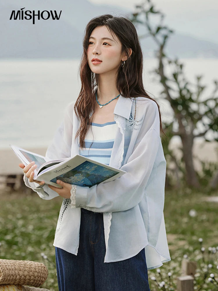 MISHOW Blue Office Lady Shirts Women 2025 Summer New Round Neck Long Sleeve Hollow Embroidery Blouses Female Fashion MXE31C0775