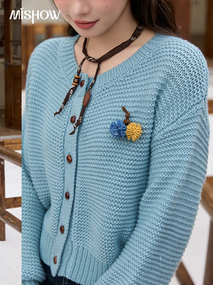 MISHOW Blue Knitted Cardigan 2025 Autumn Winter New Crew Neck Pompom Decorated Sweater Commute Elegant Loose Top MXE51Z2551