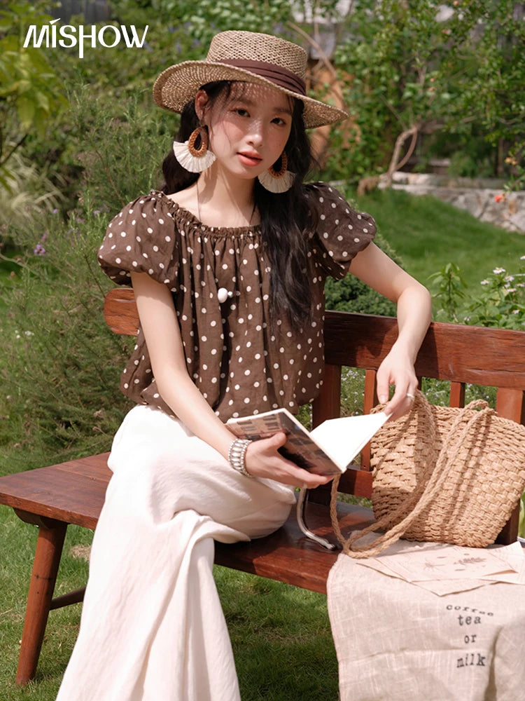 MISHOW Women's Two-Piece Set Fashion Polka Dot One Shoulder Puff Sleeve Blouse Summer 2025 Casual Wide Leg Pants Set MXE38T0683