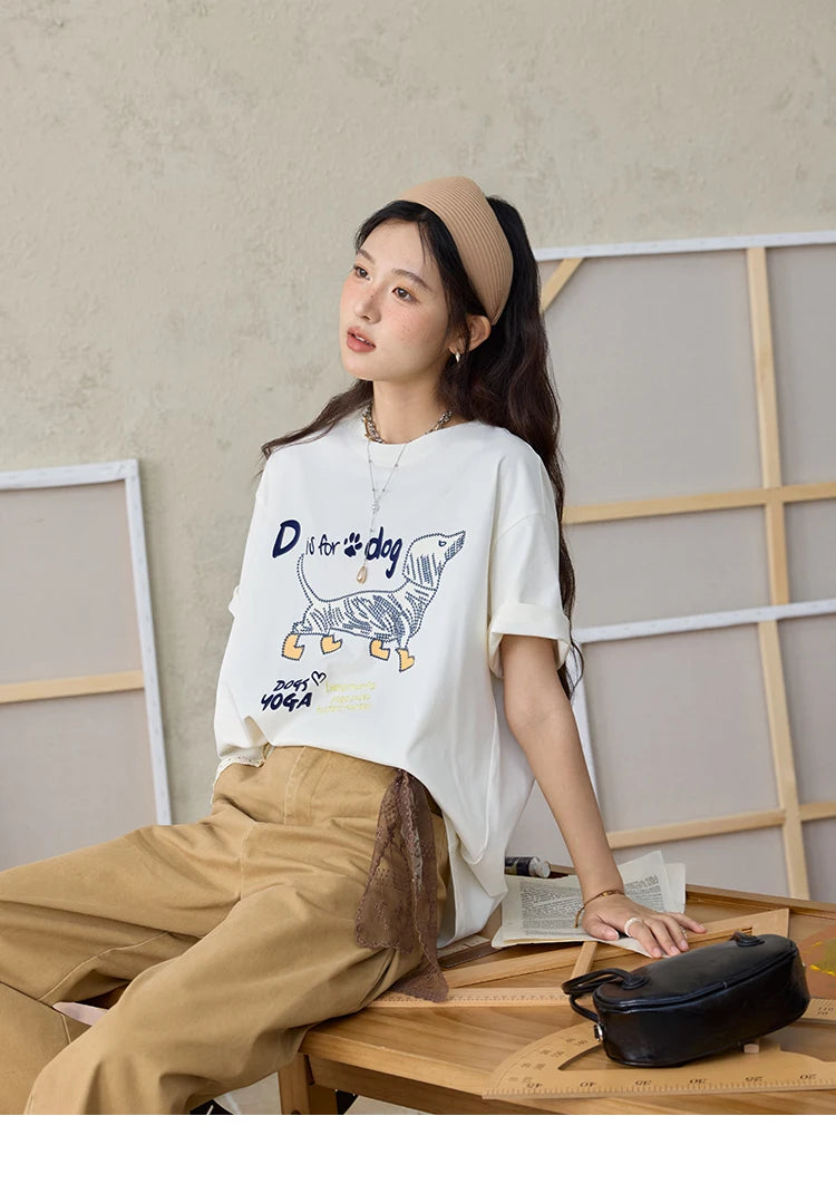 MISHOW Print Summer T-shirts Women 2025 Short Sleeve Round Neck Flocked Puppy Loose Shirt Female Casual Versatile Top MXE33T0542