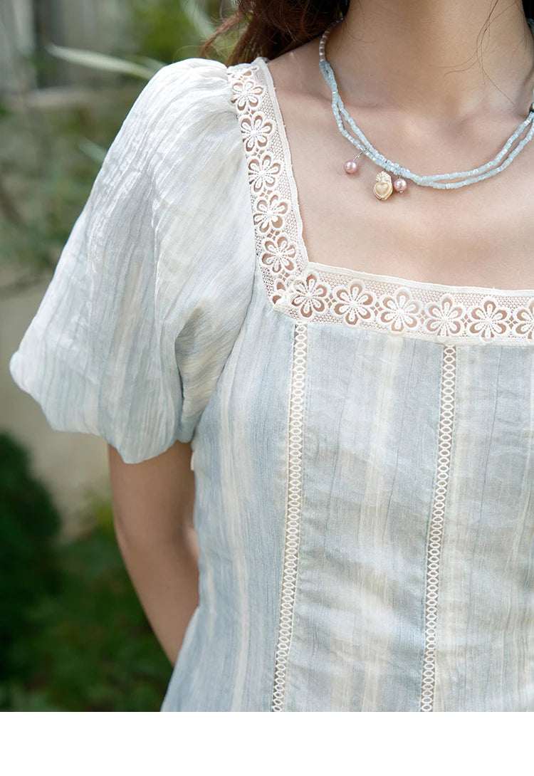 MISHOW Women's Summer Dress 2025 New Fashion Striped Square Neck Spliced Lace Hollow Out Dress Waist Lace Up Dresses MXE39L2403