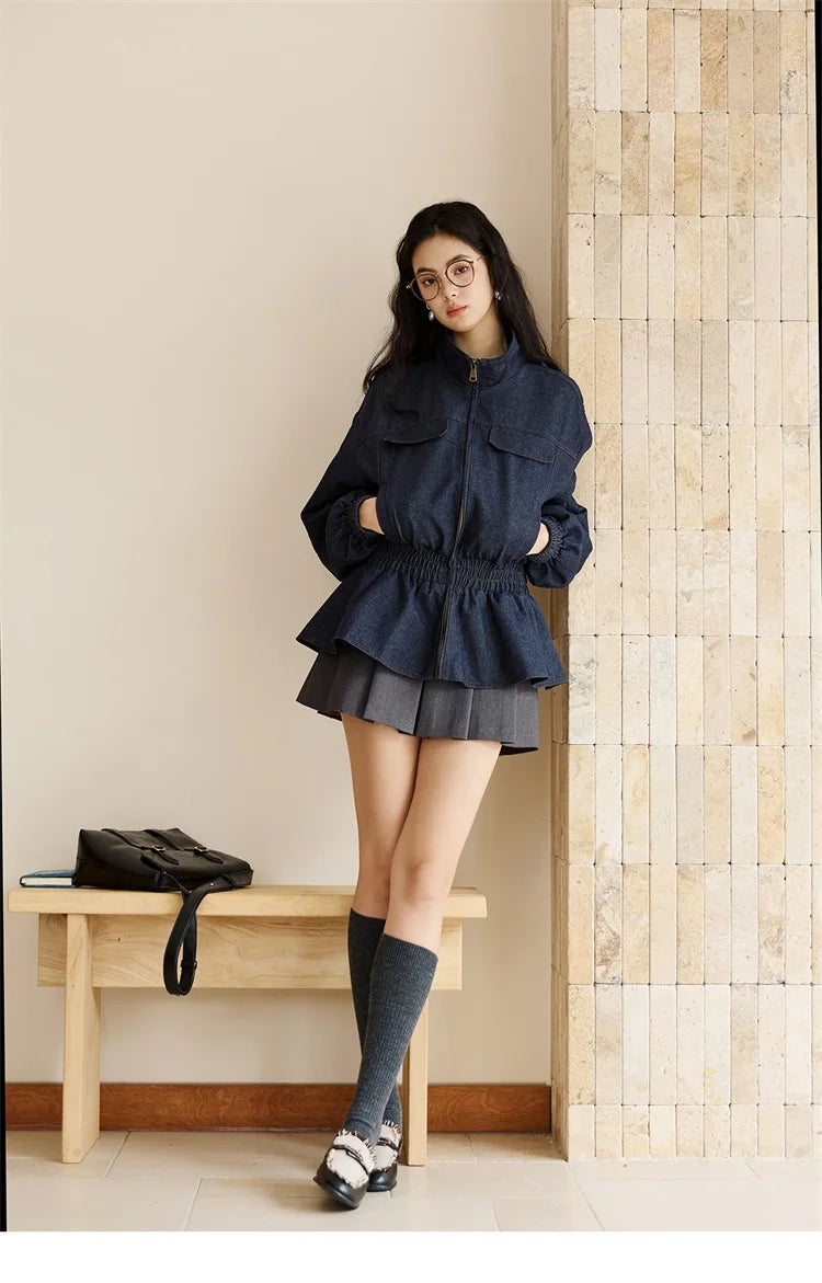 MISHOW Woman Shirt Set 2025 Autumn Fashion New Navy Blue Ribbon Design Layered Shirt Knit Camisole Two-piece Suit MXE47T1412