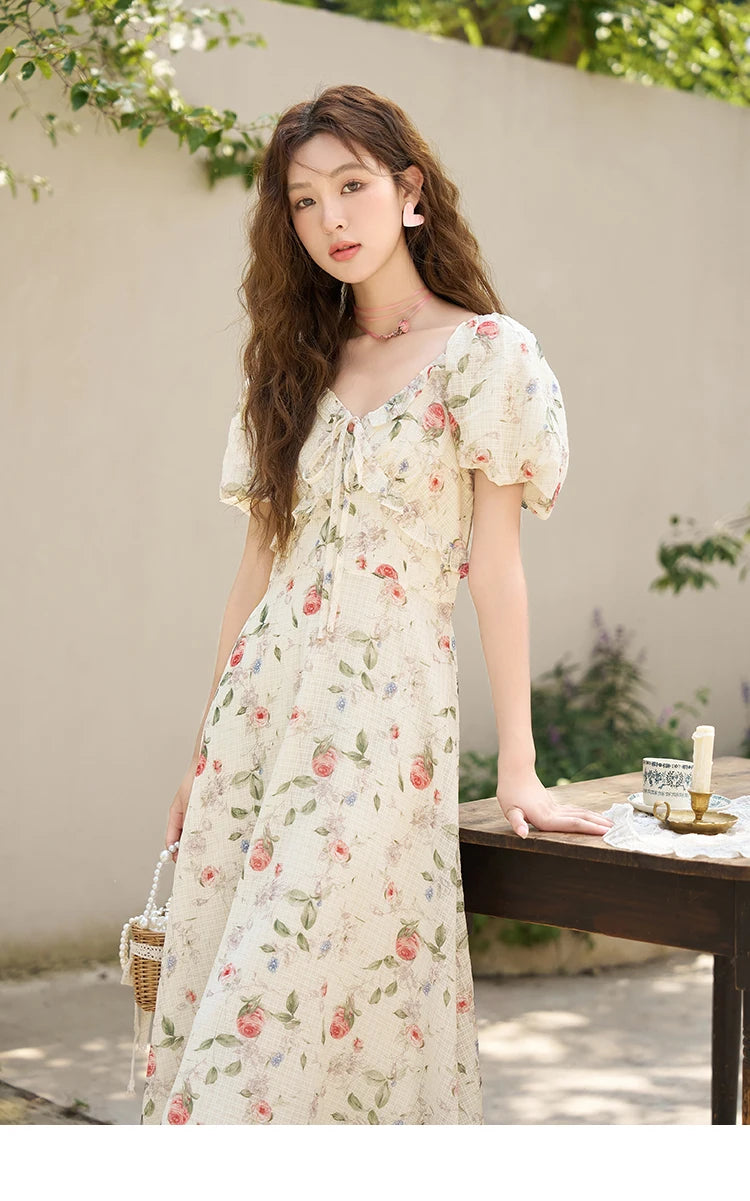 MISHOW Elegant Fairycore Floral Dresses for Women 2023 Summer French A-line Ruffles V-neck Puff Sleeve Sweet Dress MXC33L1465