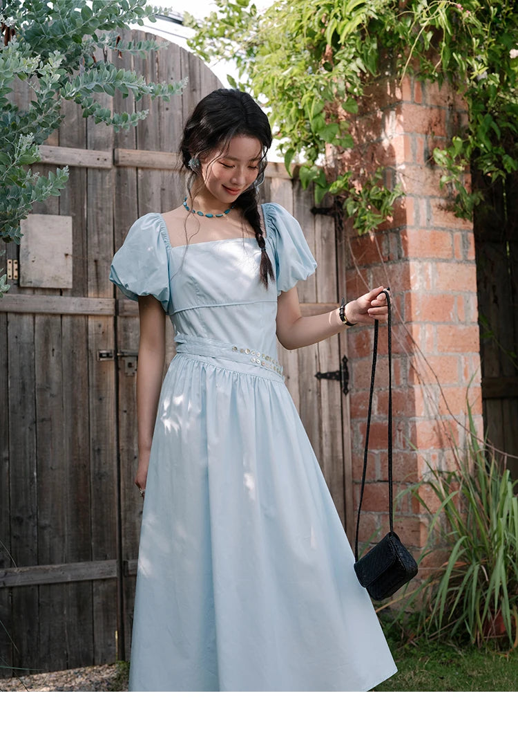 MISHOW Women's Square Neck Short Sleeve Dress 2025 Summer New Fashion Puff Sleeve Double Belt Dresses Ladies Clothing MXE34L2222