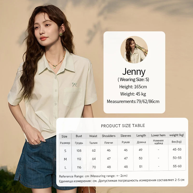 MISHOW Same Color Bow Embroidered Shirt Summer 2024 Lapel Collar Asymmetric Hem 100 Cotton Casual Short Sleeved Top MXD23C0257